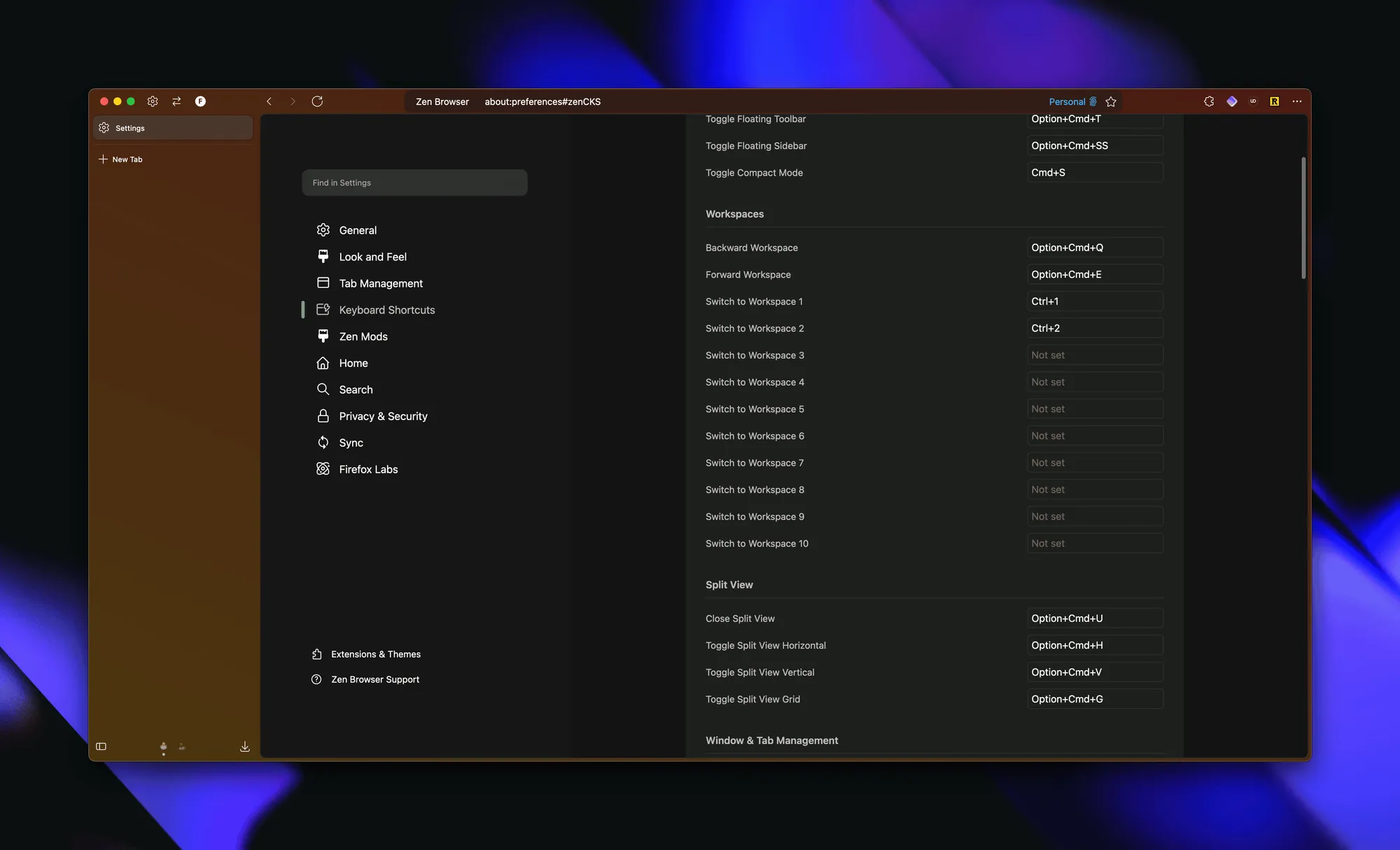 How I changes my keyboard shortcuts to switch workspaces in Zen